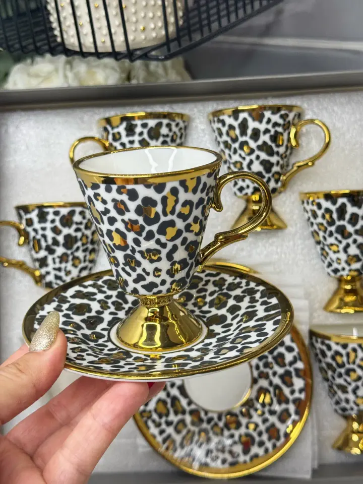 6 Kişilik Leopar Desenli Türk Kahvesi Fincanı (Beyaz)