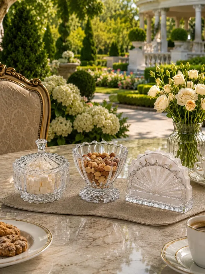 3lü Cam Peçetelik / Şekerlik Set