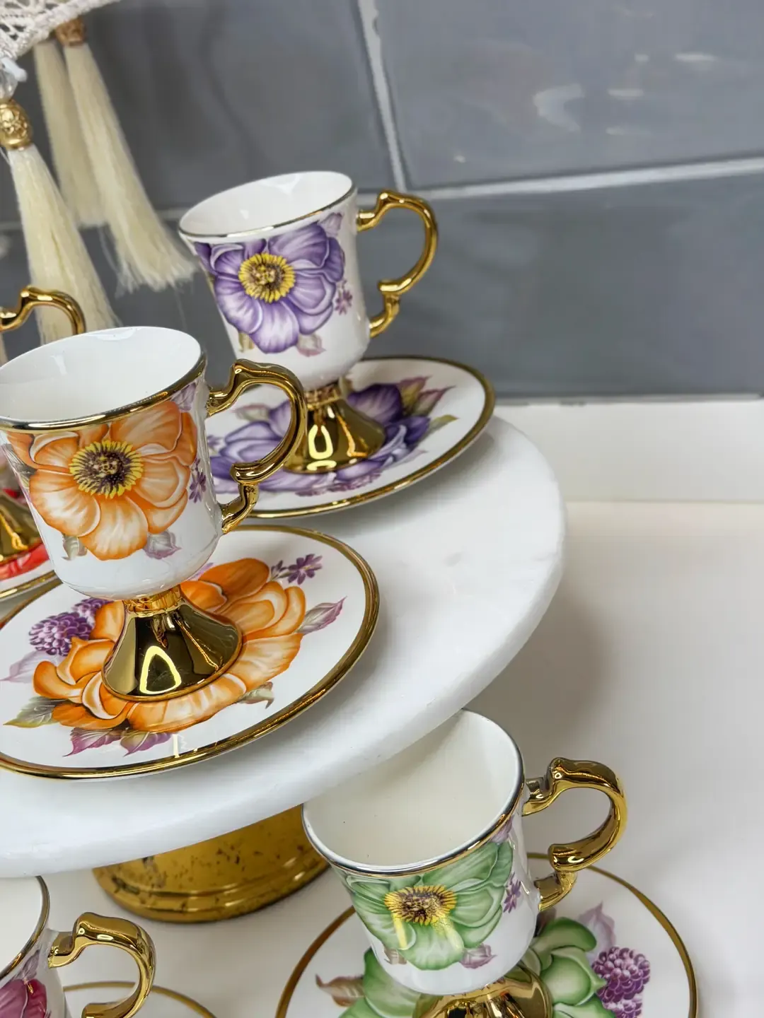6 Kişilik Gül Detaylı Türk Kahvesi Fincanı — görsel 3